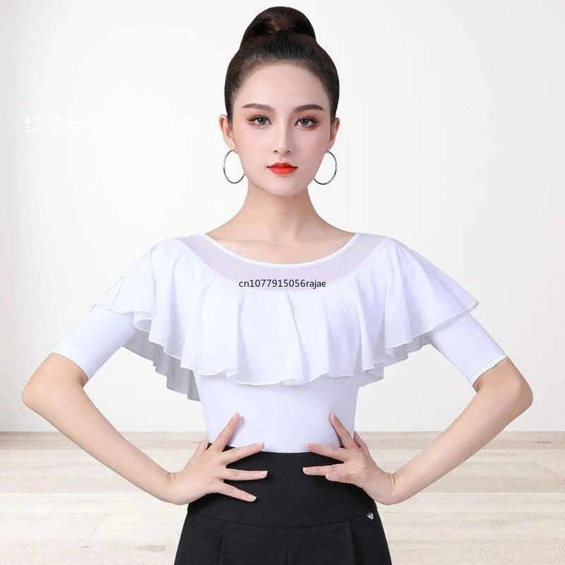 Women Waltz White Top Ruffled Latin Dance Mid-Sleeve Shirt New Modern Dance Practice Clothes Lady Samba Dance Clothing