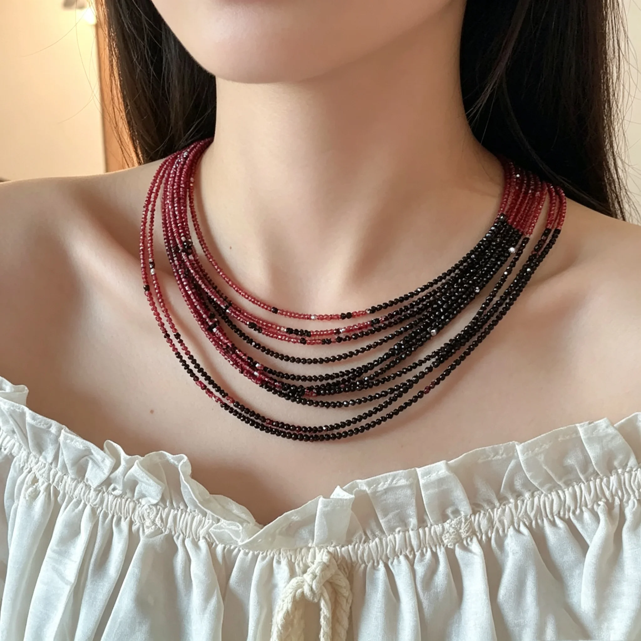 Bohemian Garnet And  Black Spinel  Multi Layering Strand  Collarbone Choker Necklace for Women Jewelry