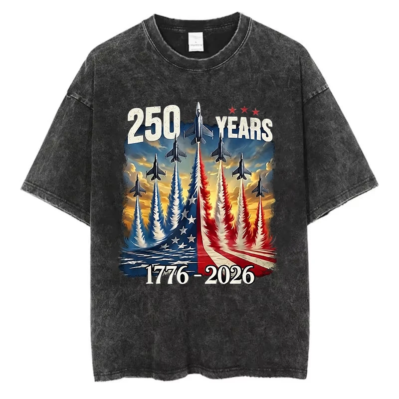 Vintage Washed Cotton T-Shirt Men 250 Years USA Independence Day 1776-2026 Graphic Tee Fighter Jet Patriotic Acid Wash Loose Top