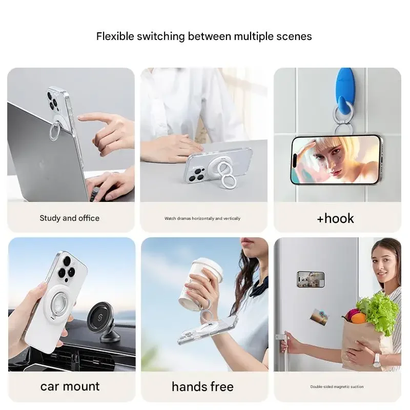 QM actualiza el soporte magnético para teléfono de doble anillo con rotación multiángulo y modo de suspensión de soporte de pantalla horizontal y vertical.