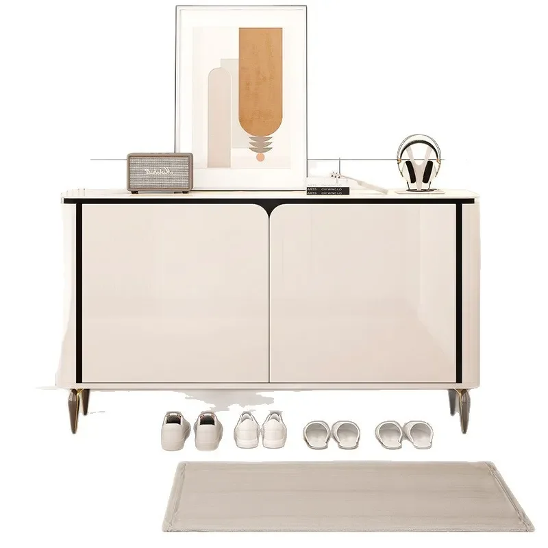 Cream Modern Shoe Cabinet Slim Entryway Storage Unit Wall Mounted Door Organizer Home Partition Shelf for Hallway