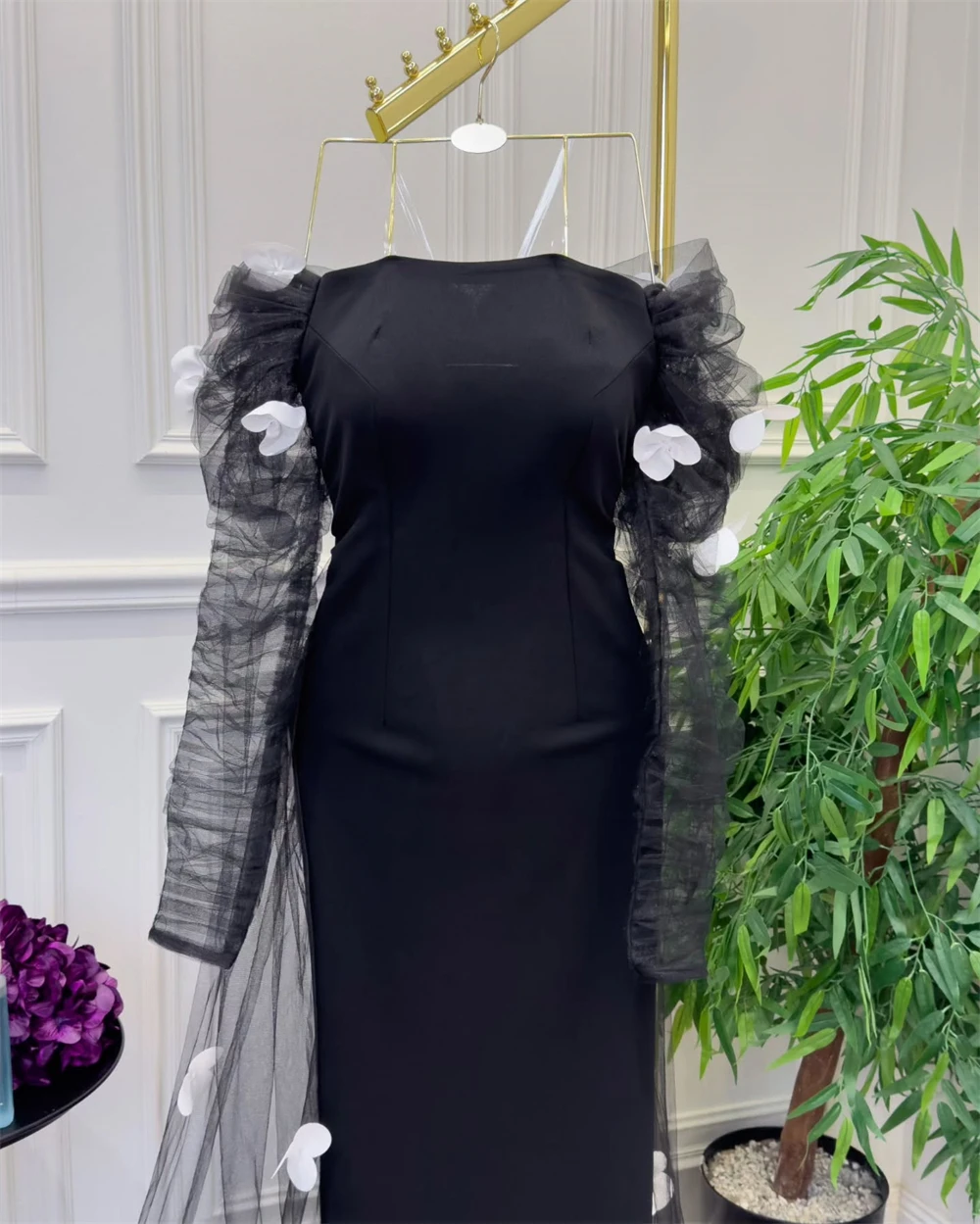 Customized Evening Dress Classic Black Jersey Strapless Off the Shoulder Long Sleeves Watteau Train Appliques Ruched Prom Gowns