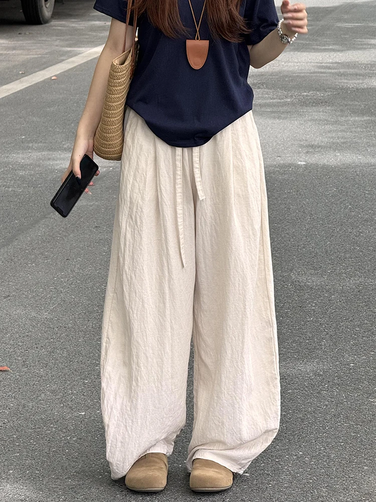 Women's Lyocell Linen Pants，Solid Curved-Cut Balloon Pants，Plus Size Loose Wide-Leg Pants，Drawstring High-Waist Yamamoto Pants