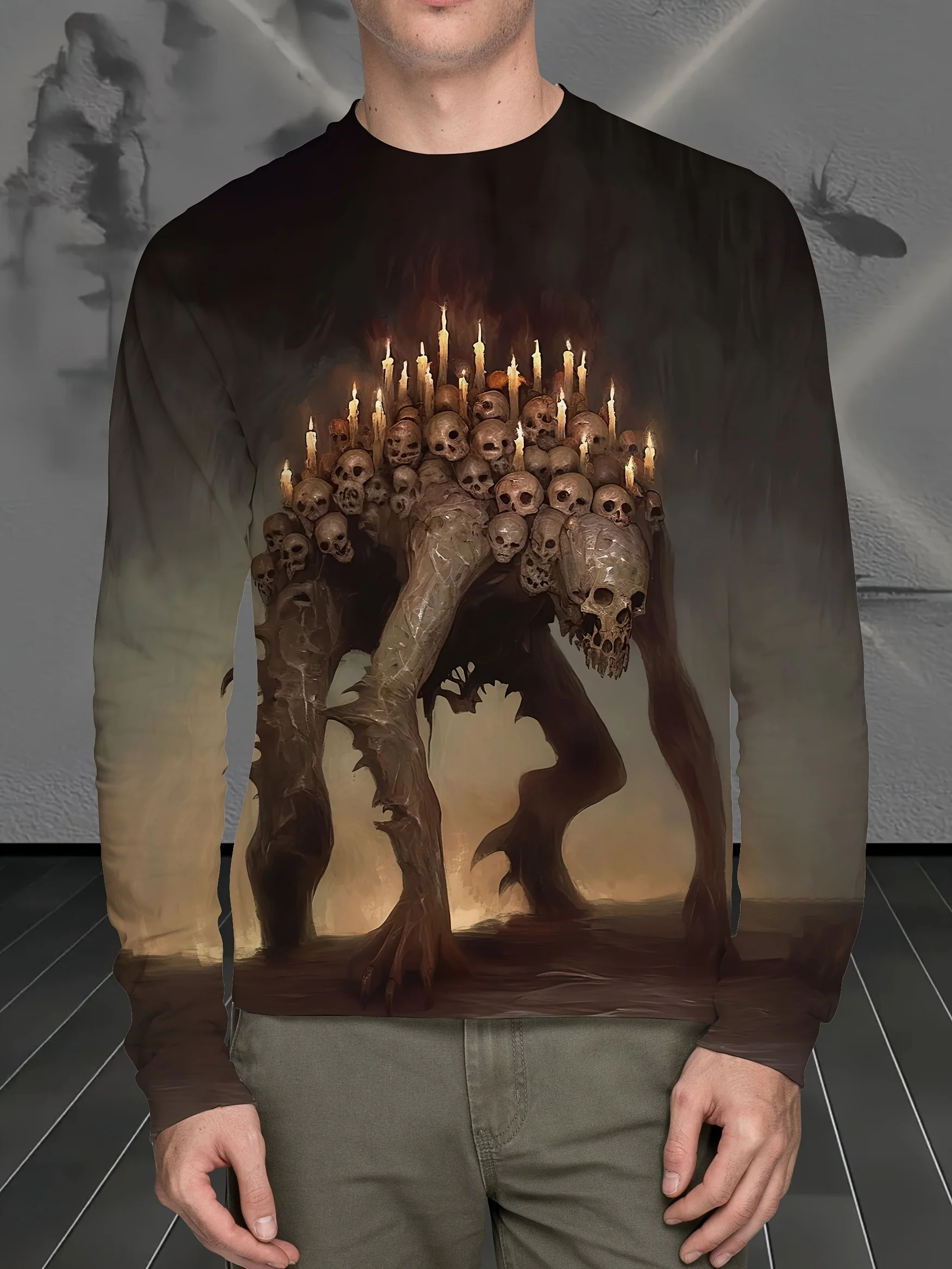 

​ 2025 г., мужская готическая футболка с принтом черепа и свечи на все тело, рукава с крыльями летучей мыши, темная фантазия, всесезонная, можно стирать в машине ​