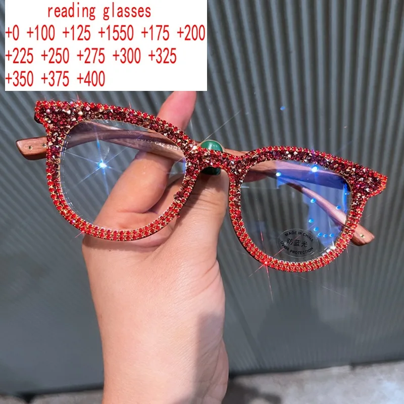 2023 New Trendy Round Bling Rhinestones Reading Glasses for Women Color Crystal Diamond Frame Eyewear Anti Blue Light Reader NX