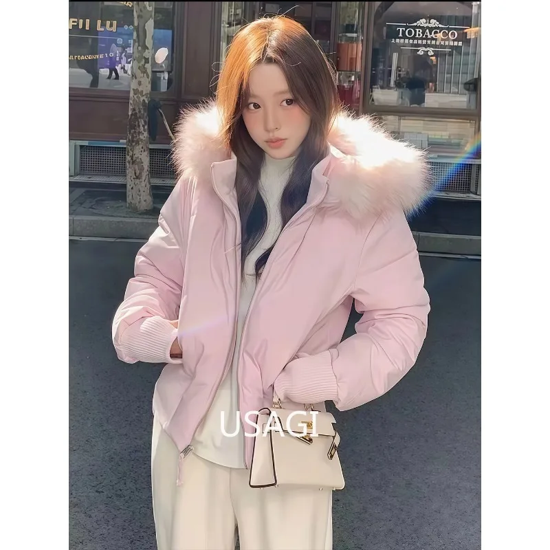

Короткая хлопковая куртка с розовым меховым воротником в американском стиле ретро, женское зимнее утолщенное теплое пальто в стиле хлеба, облегающее пальто с длинными рукавами