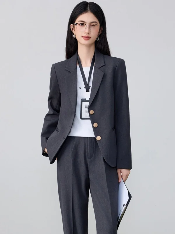 Gray Suit Set for Women Spring Autumn Three-Button Professional Interview Wardrobe Classic Commute Style Loose Fit Polyester