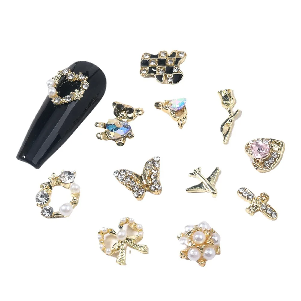 10PCS 3D Luxury Alloy Love Heart Nail Art Charms Bear Bow Pearl Rhinestone Accessories Parts Nails Decoration Supplies