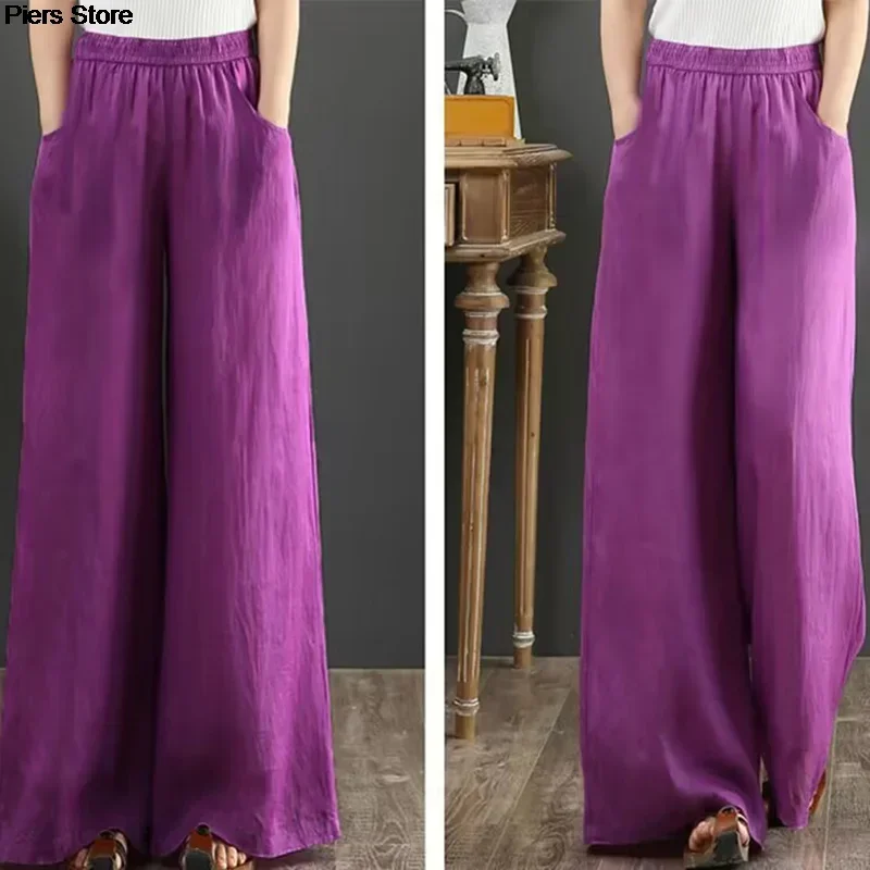 New Vintage Linen Elastic Waist Wide Leg Pants Women Long Trousers Summer Solid Color Casual Loose Pants Female Boho Clothes