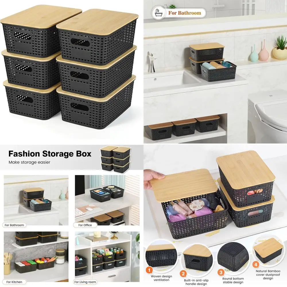 

Stackable Bamboo Lid Plastic Storage Baskets - 6 Pack Organizers for Shelves, Drawers, Closets, and Offices