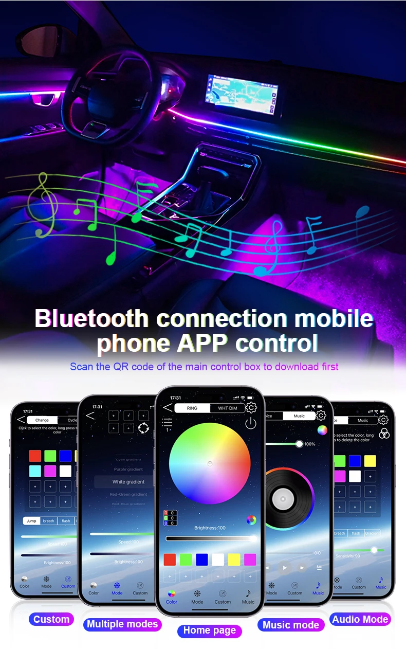 18-in-1 Dual Zone Symphony 64 Farben Streamer Auto Umgebungslicht RGB Innenraum Regenbogen Acryl Streifen Atmosphäre Beleuchtungsset App – Detail 4