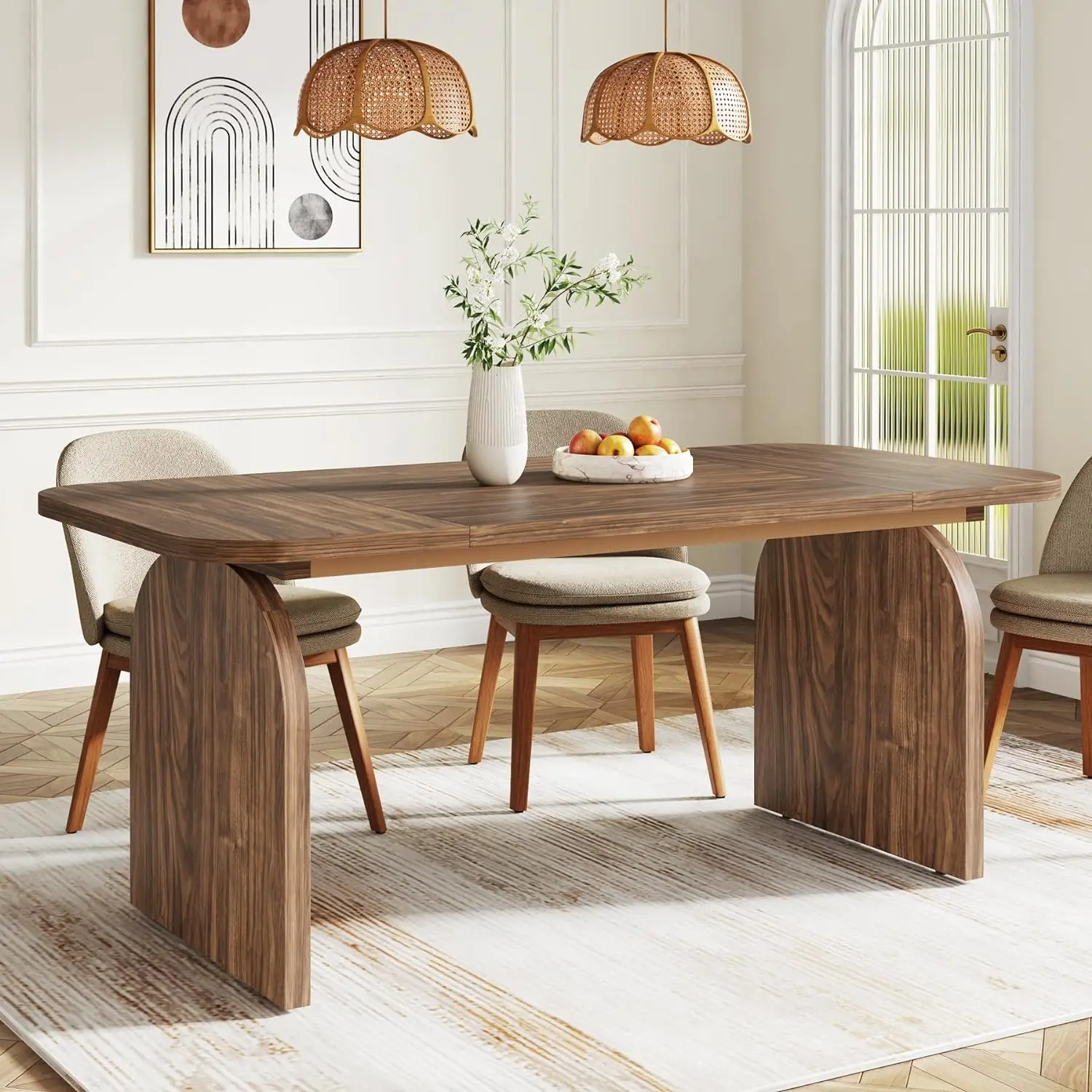 

lk-Modern 63 Inch Rectangular Dining Table Rustic Kitchen Wood Plank Dining Table for Dining Room&