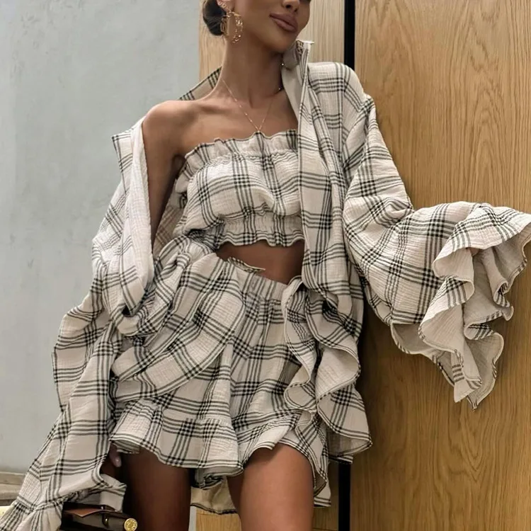 

Fashion Loose Plaid Cotton Shorts Sets For Women 3 Piece Elegant Long Sleeve Shirt + Tube Top With High Waist Shorts Set