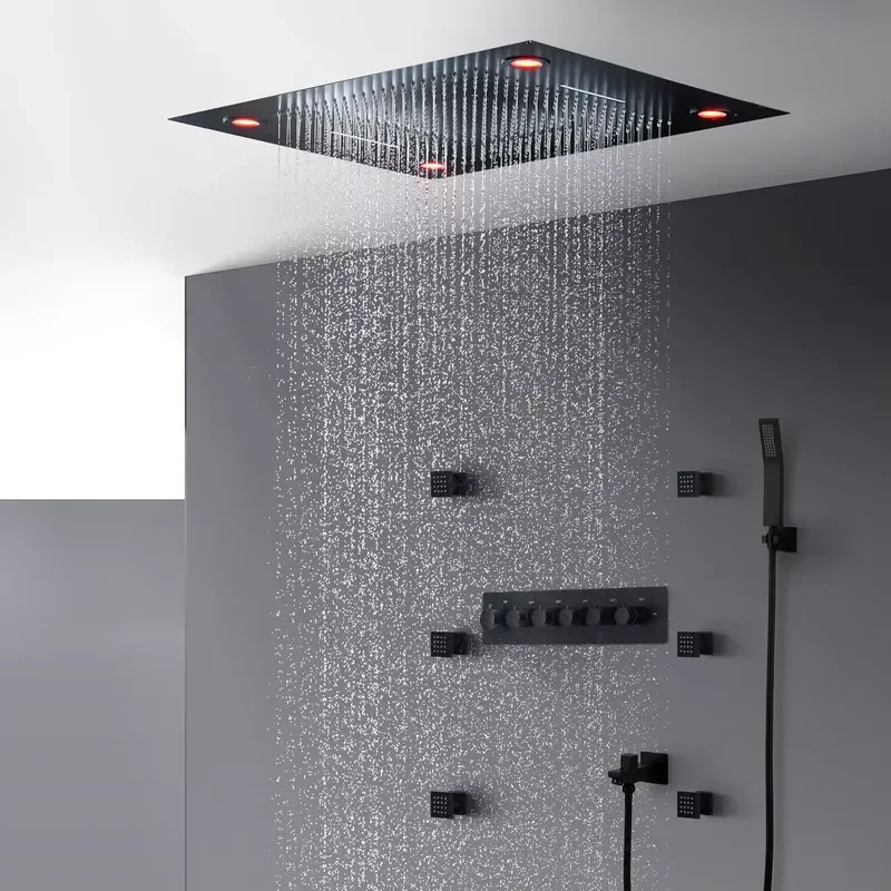 Black Shower Head Set Thermostatic Mixer High Flow Large 800x600mm Rain Spray Shower Panel Faucet 2 Inch Body Jets view 2