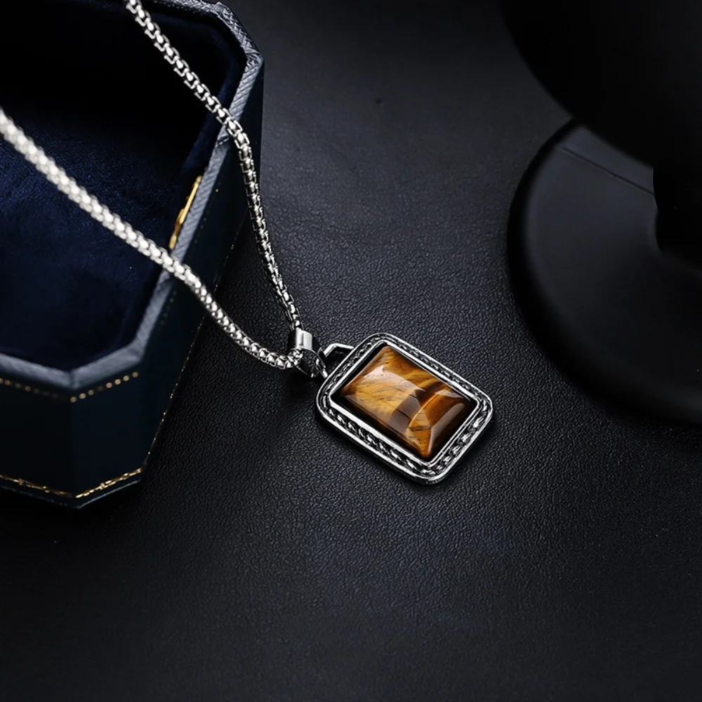 Hip-Hop-Herren-Halskette mit quadratischem braunem Edelsteinanhänger, Vintage-Schmuck aus Edelstahl, modische Damen-Halskette, Accessoires – Detail 2