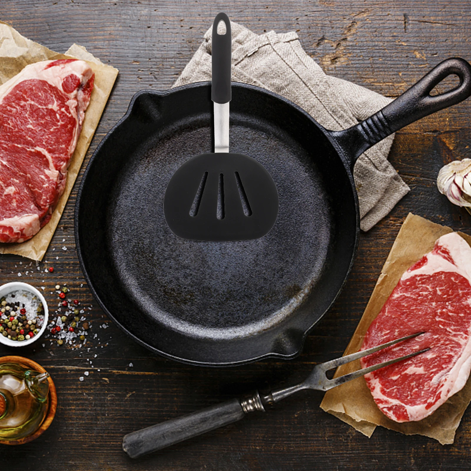 

1pc Steak Spatula Nonstick Pot Slotted Stainless Steel Black Shovel Kitchen Gadget BBQ Picnic Restaurant Home Party
