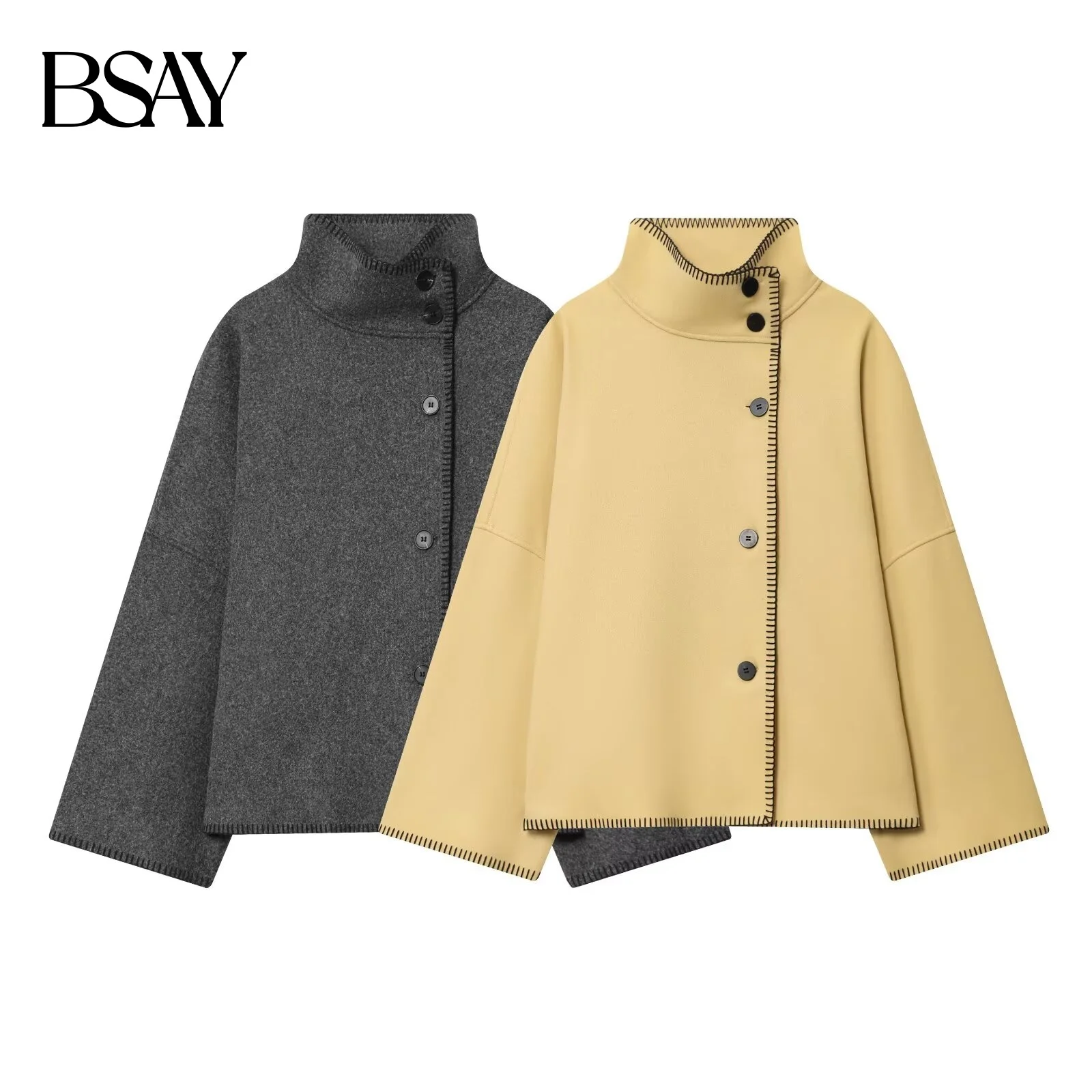 BSAY automne nouveaux vêtements pour femmes 2025 nouveau produit français ourlet asymétrique col haut simple boutonnage veste à manches longues