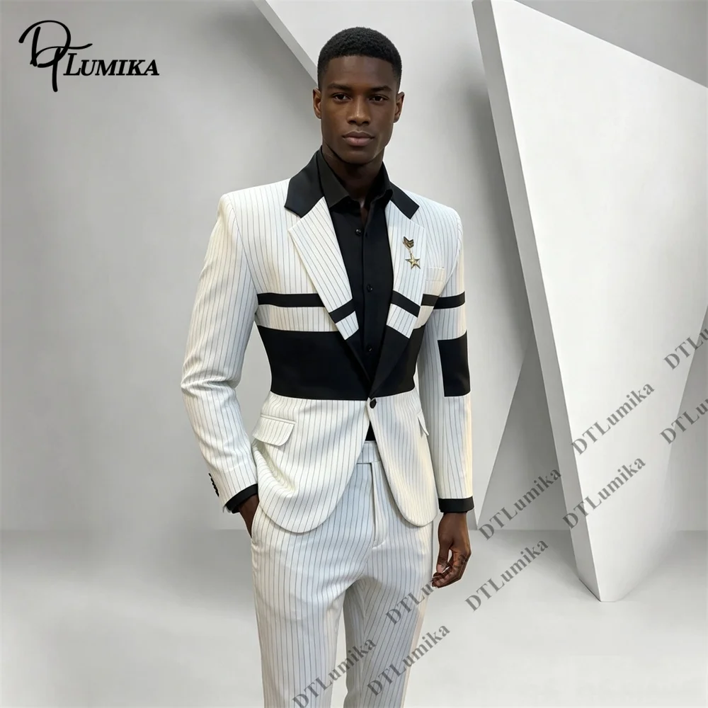 Fashion Striped Patchwork Suit 2 Piece Jacket Pants Set  Formal Wedding Groom Tuxedo Prom Party Stage Show Costume XXS-7XL Suits