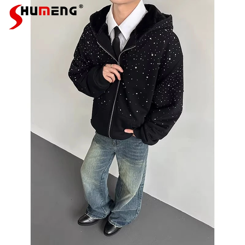 

Men's 2025 Autumn Winter New Thickened Fleece Hooded Zipper Rhinestone Starry Sky Sweatshirt Jackets Retro Trendy Hoodies Tops