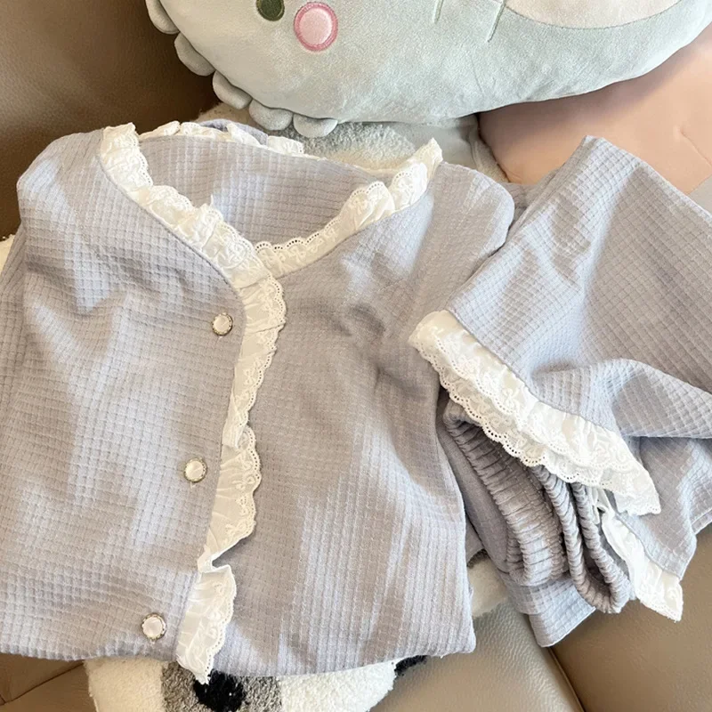 Conjunto de pijama de estilo coreano para mujer, ropa de dormir de manga larga a cuadros, 2 piezas con pantalón, botonadura única, dulce