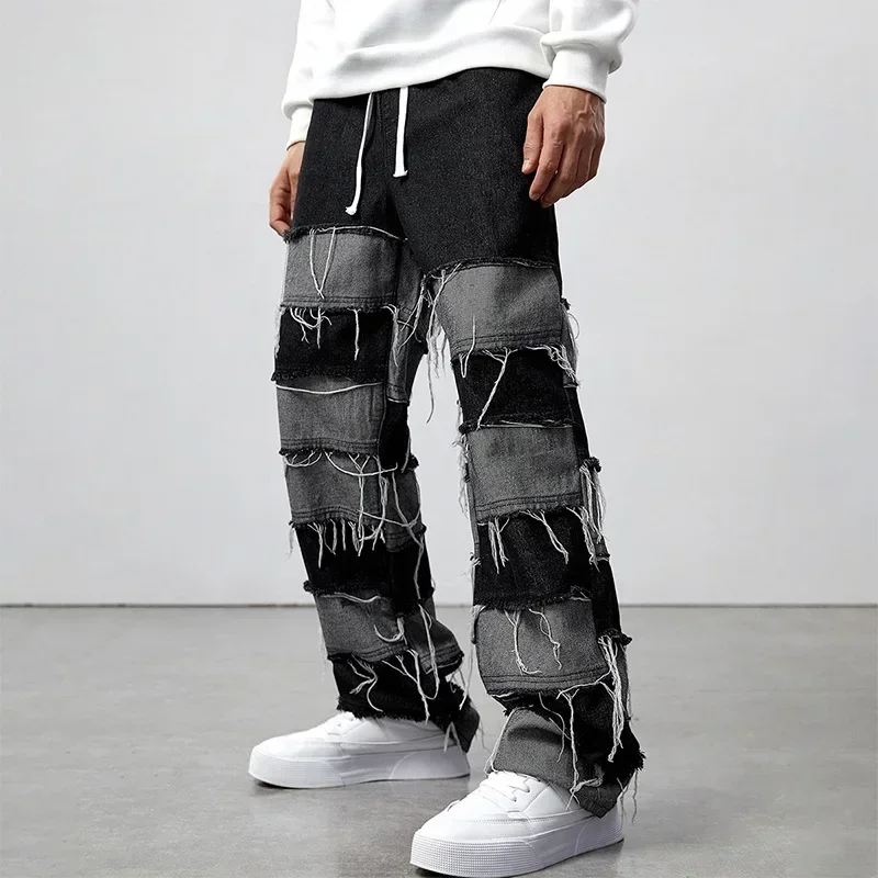 

European and American New Style Whiskered Spliced Long Pants, Fashionable Men's Simple and Versatile Straight-leg Jeans.