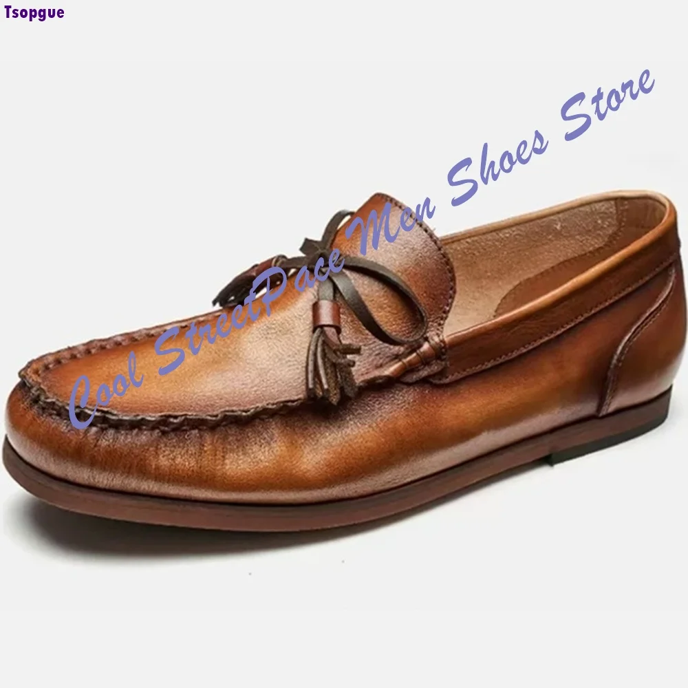 Men Office WeddingTassel Loafers Genuine Leather Slip On Casual Dress Shoes British Gentleman Retro Brown Polished Men Shoes