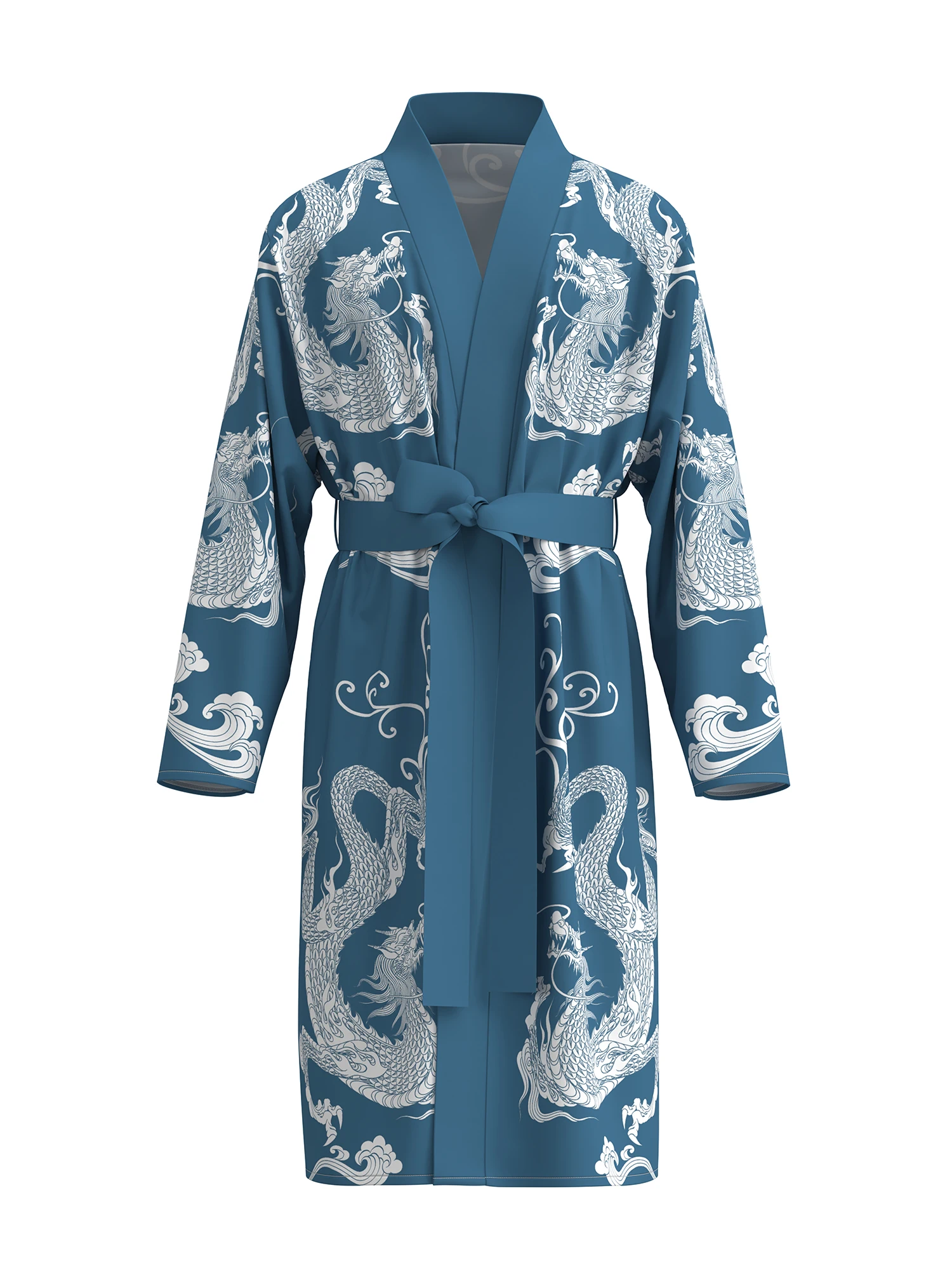 2025 Spring and Autumn New Men's Sleeping Robe Blue Dragon Totem Home Bathrobe Casual Long Sleeve Pajama Sleepwear Nightgown