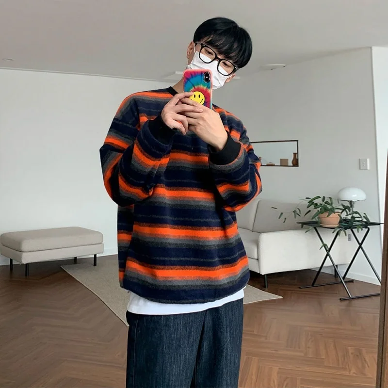 Korean Striped Sweater Men's Autumn New Round Neck Pullover Trendy Long-sleeved T-shirt Bottoming Shirt Loose Casual Clothes