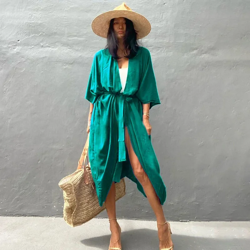 Spring Summer New Encryption Sunscreen Cardigan Bikini Cover-up Swimsuit Sunscreen Jacket Seaside Holiday Skirt Green