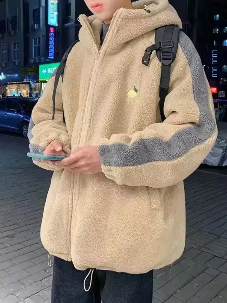 

Lamb Velvet Thiened Men's Cotton Jaet Winter Outerwear Korean Sle Trendy Fce Lined Loose Fit Hooded Design Sense