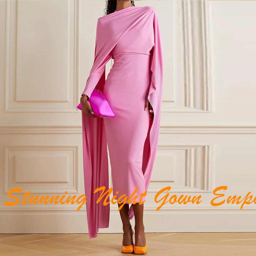 Customized Modern Watteau Train Pleats Evening Dresses Fashion Straight Pink Jersey Crew Neck Tea Length Party Gowns فساتين سهرة