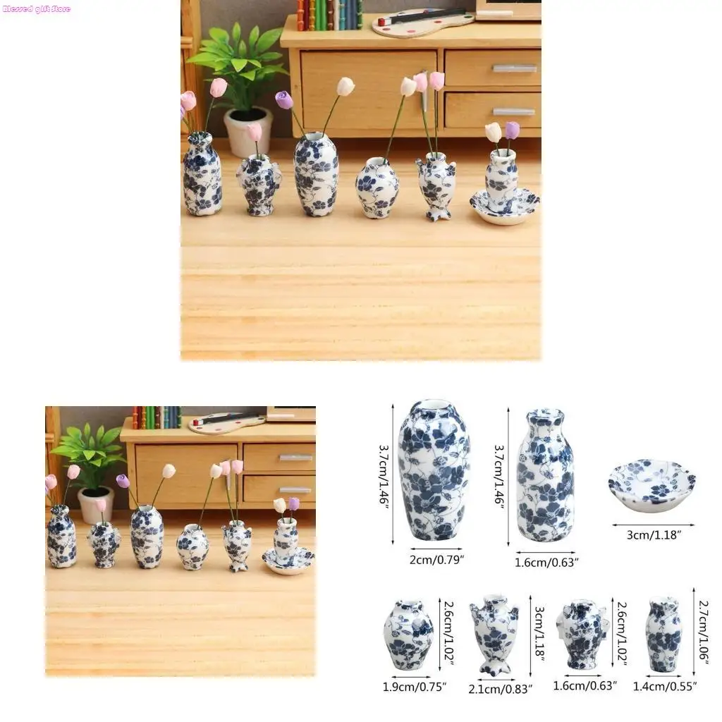 

D0JC Мини-нежный синий и белый фарфоровый мебельный декор кукольный домик 7 шт.