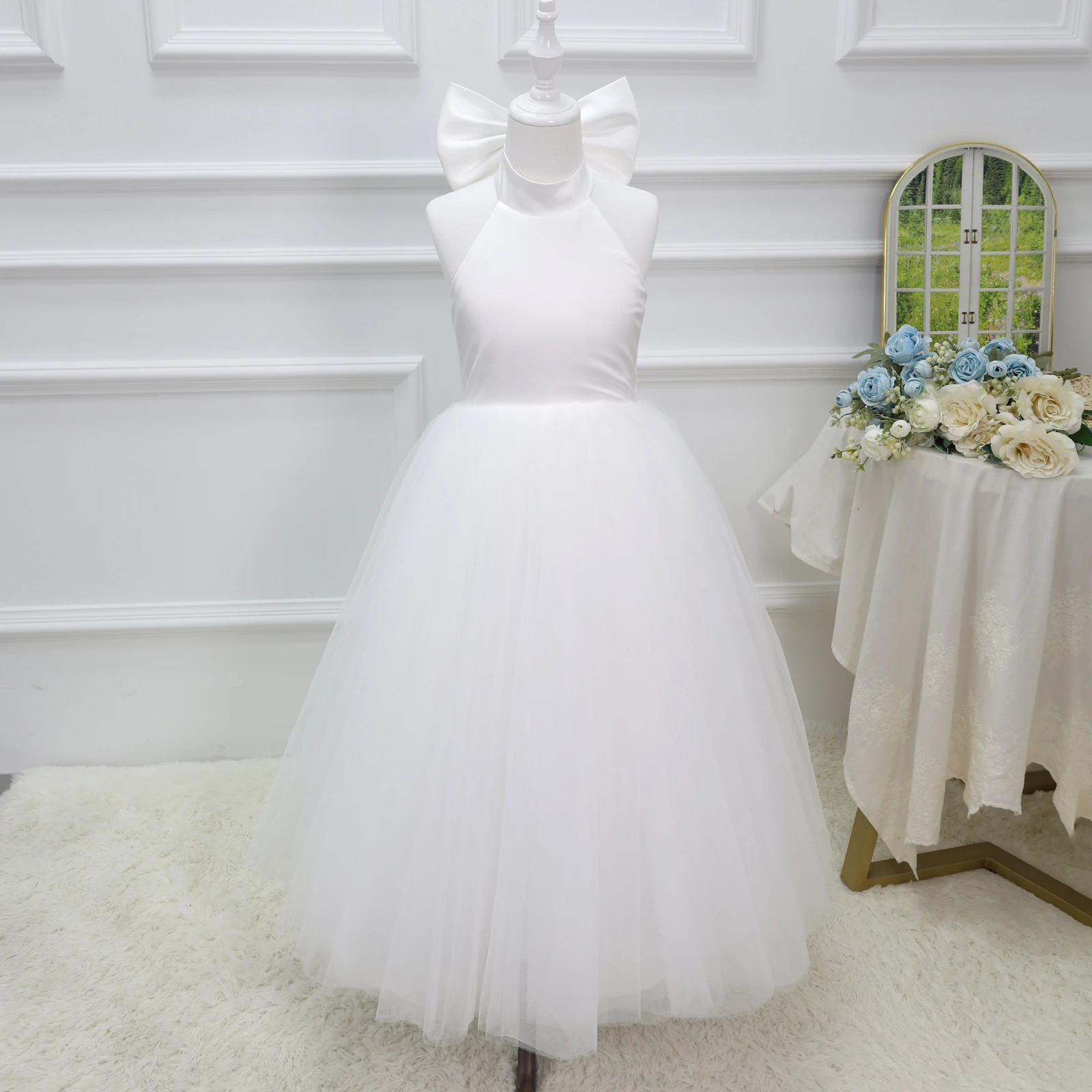 White Chiffon Satin Wedding Dress, Elegant Girl Beauty Pageant Long Dress, Fancy Ball Girl Carnival Costume