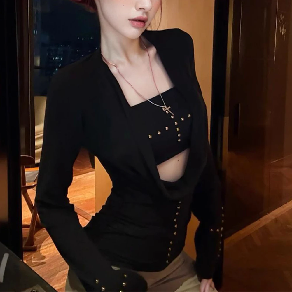 

Casual Outing Black Long Sleeve Set Casual Club Wear For Women Casual T-Shirt Suitable For Autumn Suitable For Summer