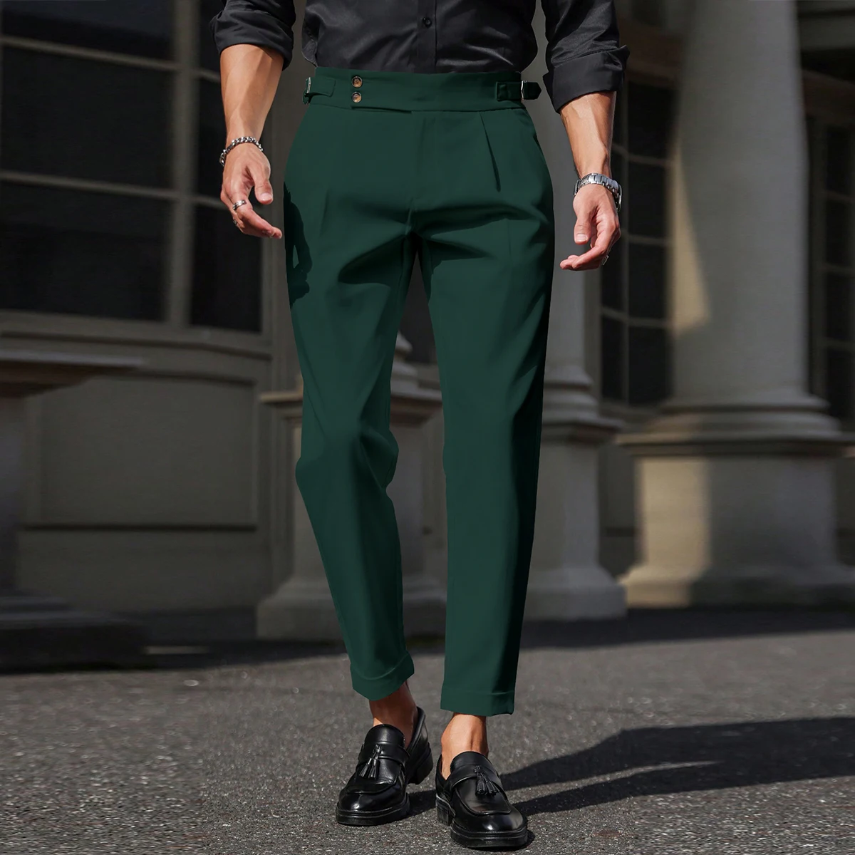 Men High Waist Pleated Cuffed Cropped Green Suit Trousers, Stretch Wrinkle Resistant Slim Ankle Business Casual Dress Pants