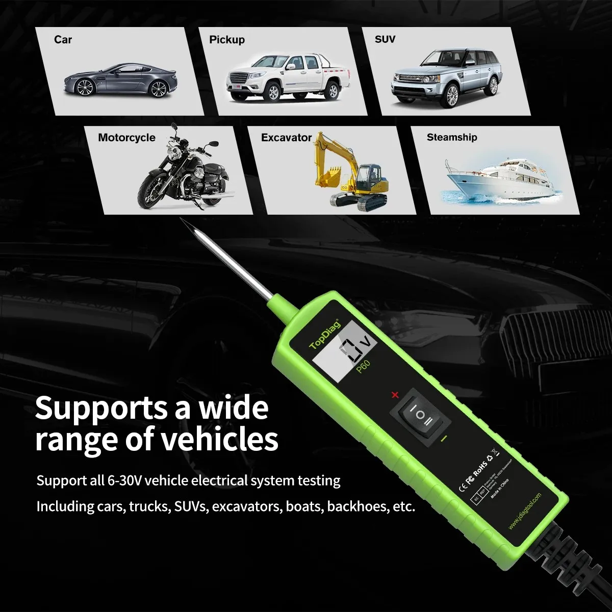 

TopDiag P60 тестер автомобильных цепей автомобильный диагностический инструмент автомобильная электрическая система тестер зонда 6 В 30 В постоянного тока тестер активации