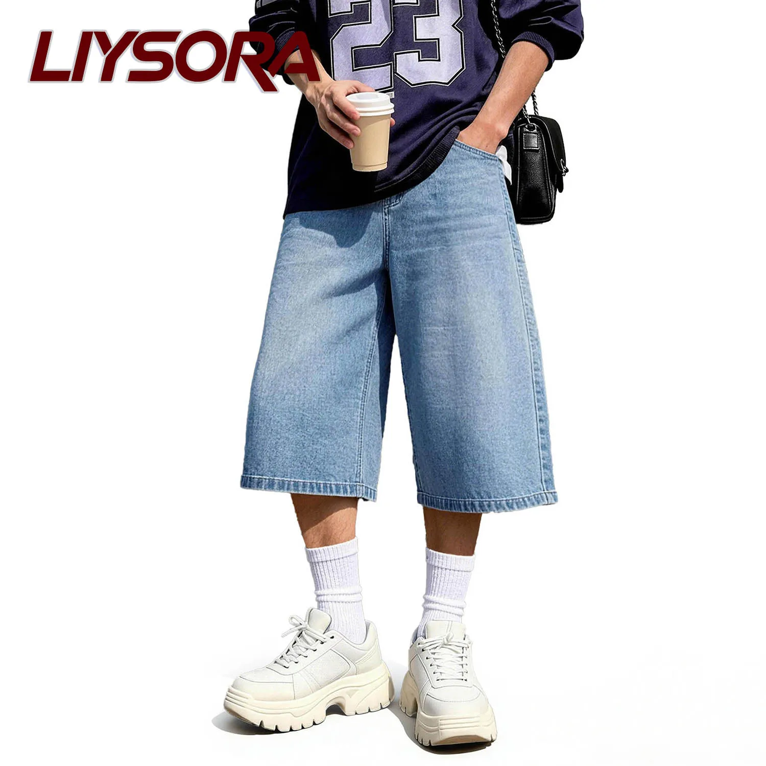 

LIYSORA Men's Clothes Summer Blue Baggy Denim Shorts New Fashion American Washed Retro Loose Wide Leg Straight Jorts Unisex