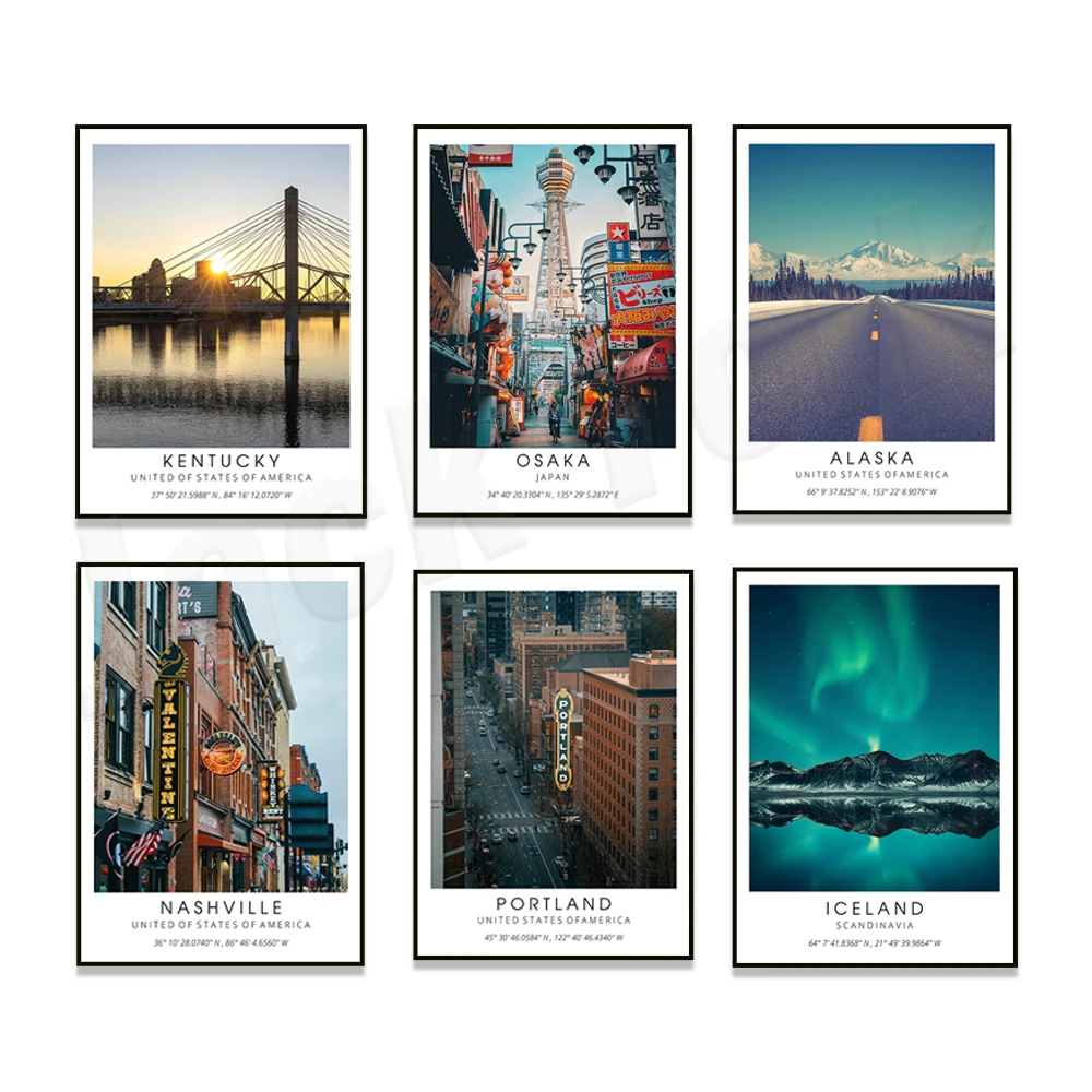 Tokyo, Los Angeles, Seattle, Kentucky, Oregon, Nashville, Alaska USA, Reykjavik Iceland, Portland, Nashville travel posters