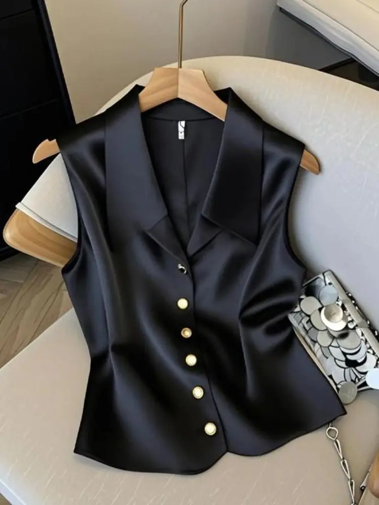 Temperament V-neck Sleeveless Satin Vest Black Waistcoat Women Chalecos Para Mujer Crop Top Summer New High Tanks