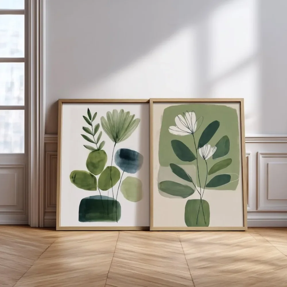 2pcs frameless Canvas Painting 2 Pieces of Frameless Sage Green Plant Wall Art, Abstract Flower Wall Decoration, Digital Downloa