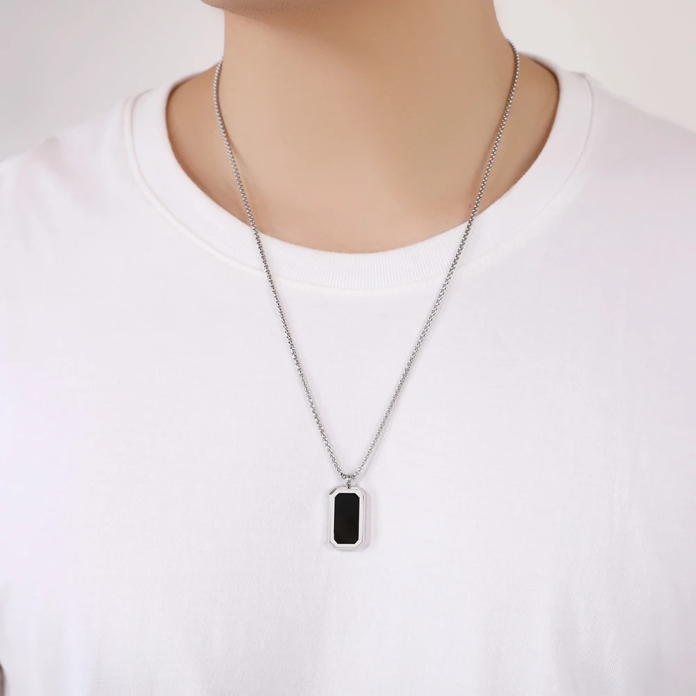 

New Design Masculine Jewelry Great Quality Retro Vintage Agate Onyx Classic Box Link Chain Elegant Stainless Steel Men Necklace