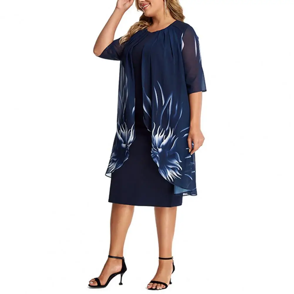 L-4XL Elegant Dress Half Sleeve 3D Flower Print Lady Dress Chiffon Cardigan Design Fake Two Pieces Plus Size vestido feminino