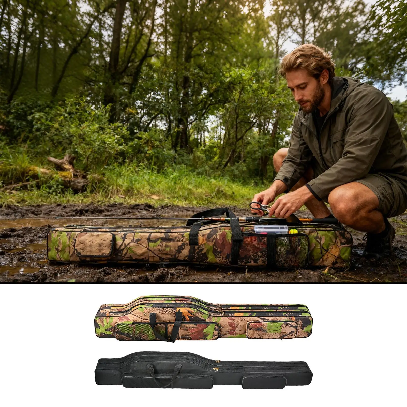 

Сумка для удочки Складной держатель для хранения удочки Оксфорд с ручкой и регулируемым ремешком Складная сумка для рыболовных снастей Оксфорд для катушки