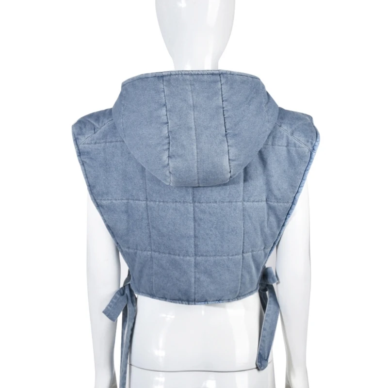 Womens Denim Quilted Cargo Vest Hoodie Jackets Sleeveless Zipper Up Side Hollow Out Bandage Puffer Crop Top Waistcoat