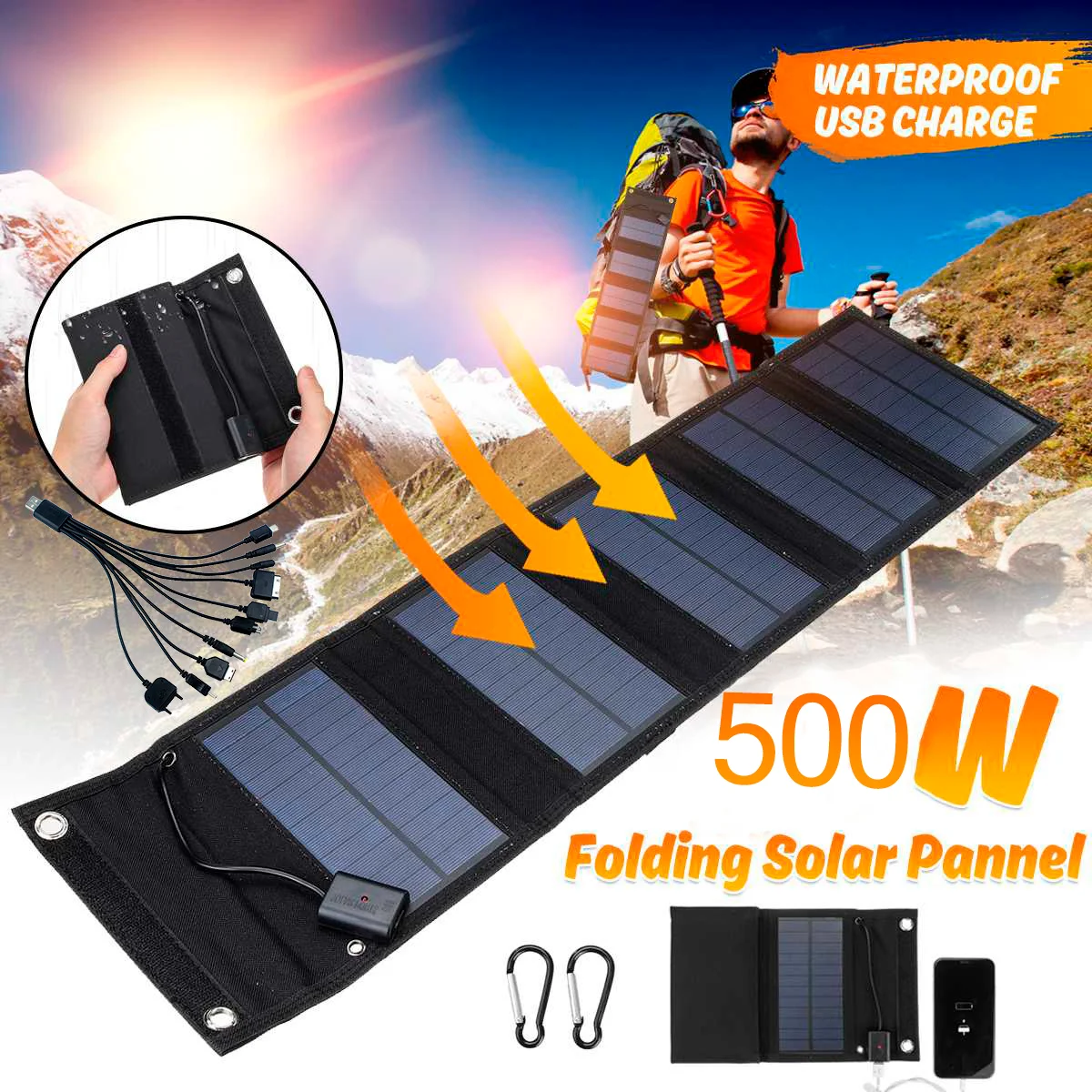 500W Portable Solar Cells folding panel 5V Solar Plate with USB Safe Charge Stabilize Battery Charger for Power Bank Phone