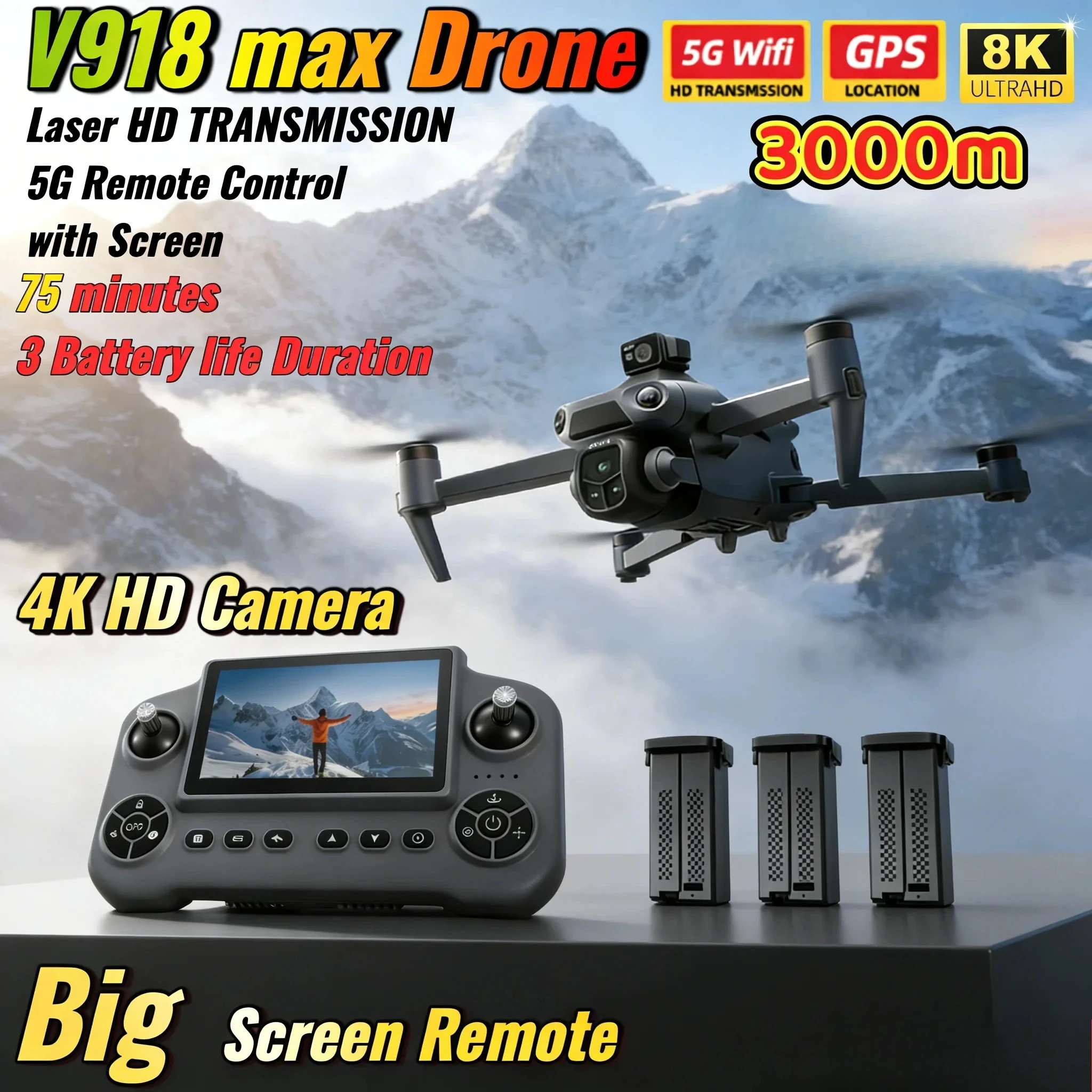 Best Deal V918 Max Drone GPS Laser Obstacle Avoidance 4K UHD FPV LCD Screen Remote One Key Return Stable Flight Professional
