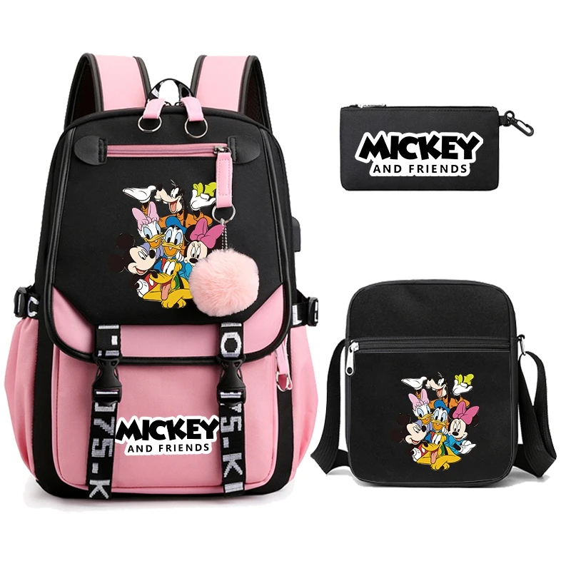 

MINISO 3Pcs/set Mickey Minnie Mouse Backpack Girl Boy Student Back To School Backpack Women Canvas Backpack Mouse Shoulder Bag