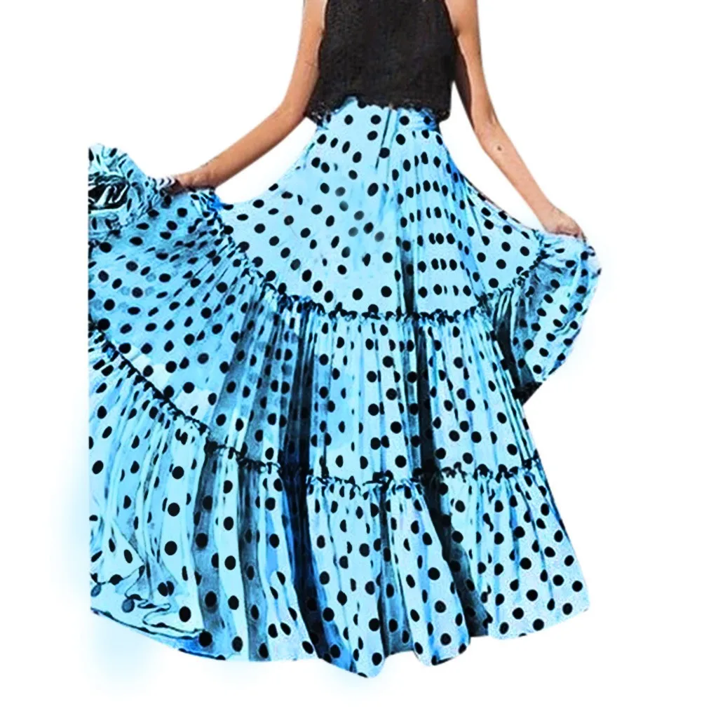 Rok wanita elegan motif Polka Dot, rok Maxi panjang pesta longgar, rok kerut kasual pinggang tinggi model Bohemian, rok motif Polka Dot, rok 2024