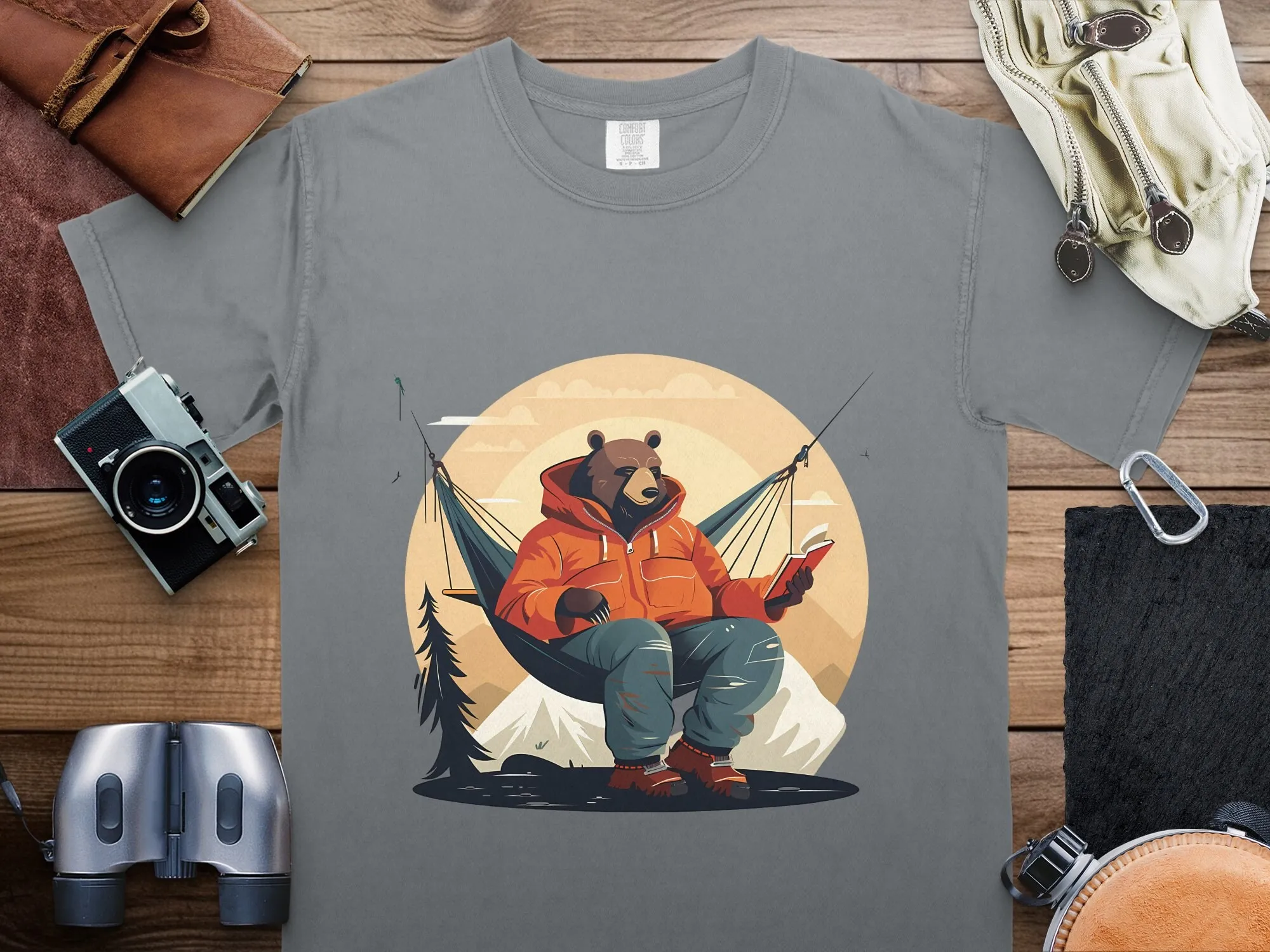 Relaxed Reading Bear in Hammock Print T Shirt