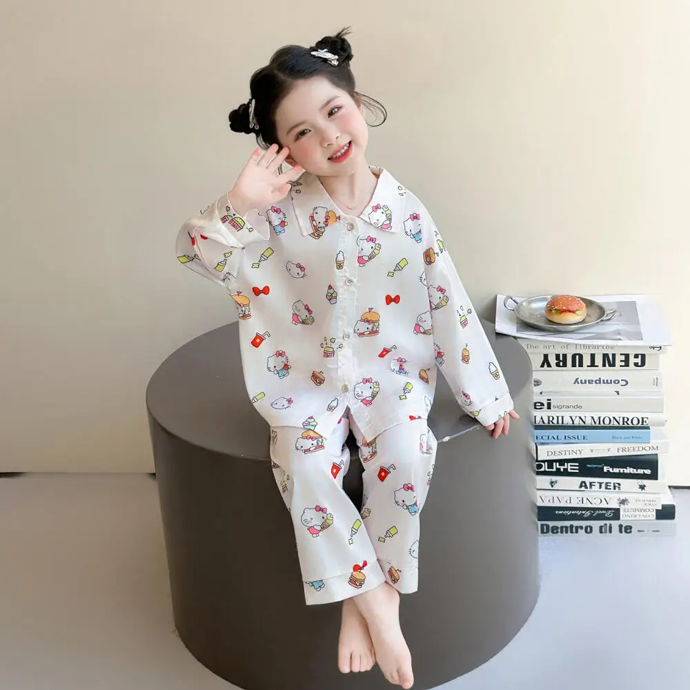

Пижамы Sanrio Hello Kitty для девочек, одежда для кондиционированных помещений, весенне-осенний комплект детской домашней одежды с длинными рукавами для девочек